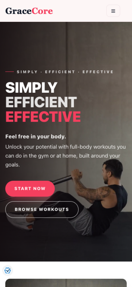 Mobile landing page built for GraceCore workout programmes