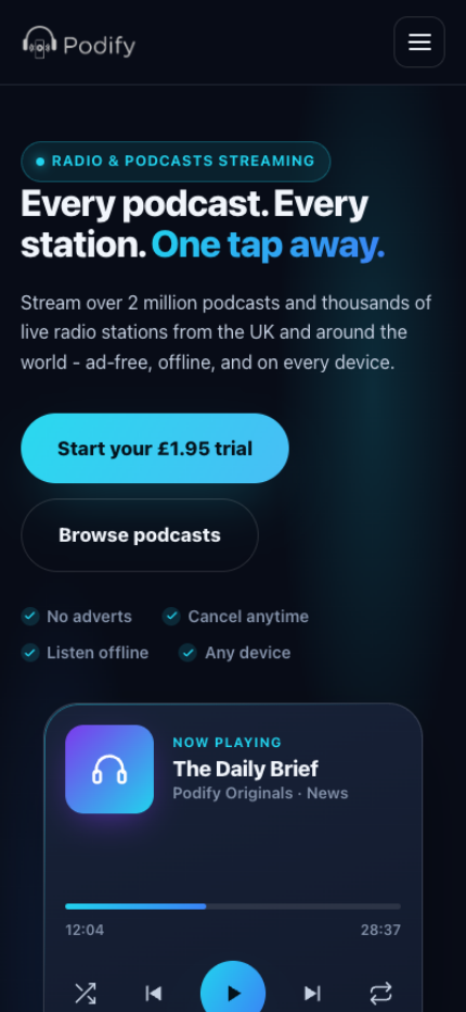 Mobile landing page built for the Podify streaming service